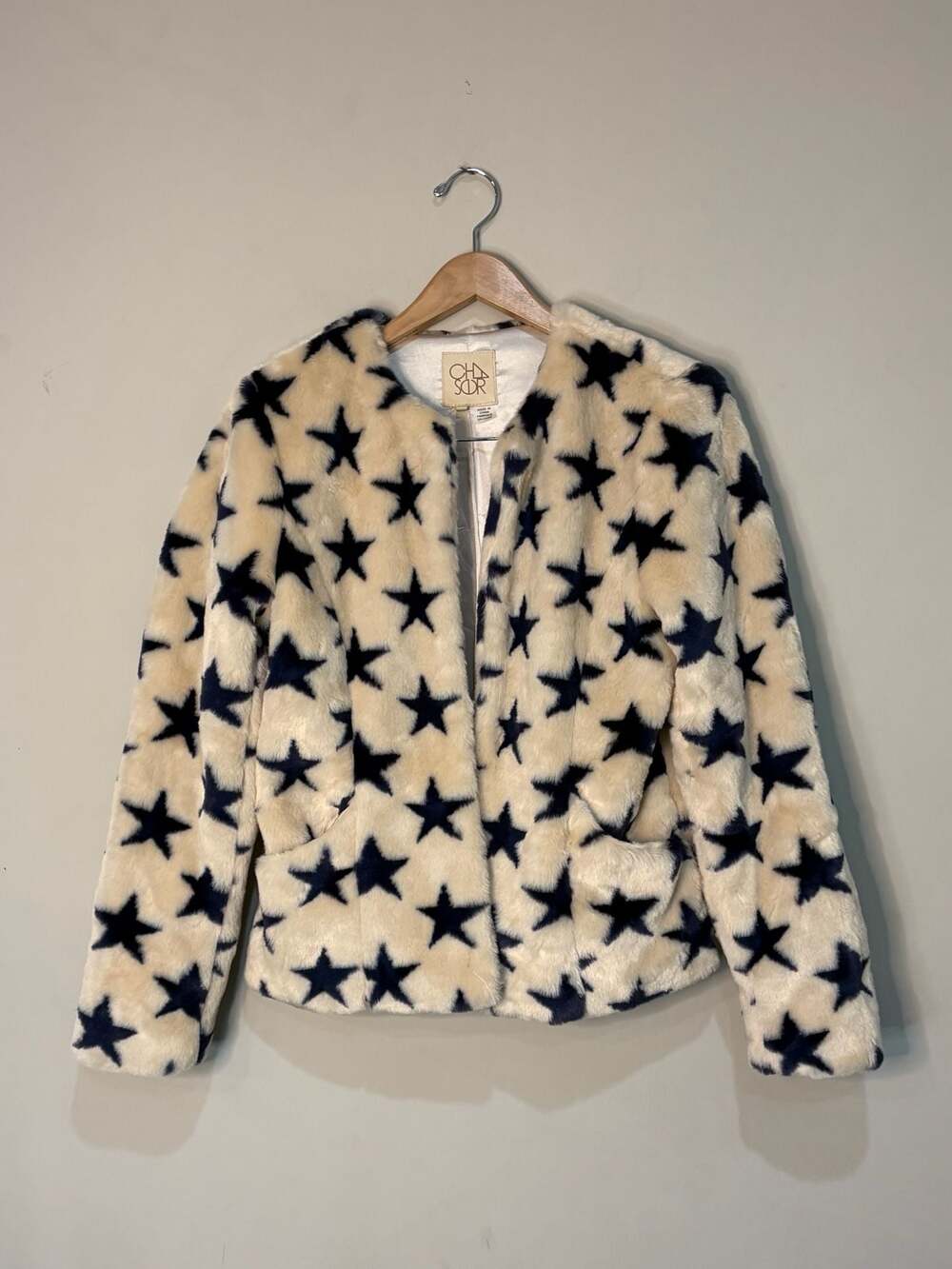 Chaser Cream and Navy Star Print Faux Fur Jacket